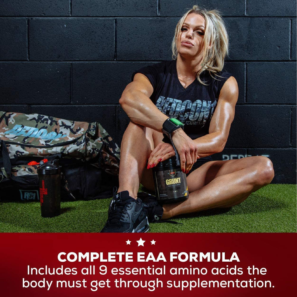 REDCON1 Grunt EAAs with glass mixer helps prepare a post-workout routine