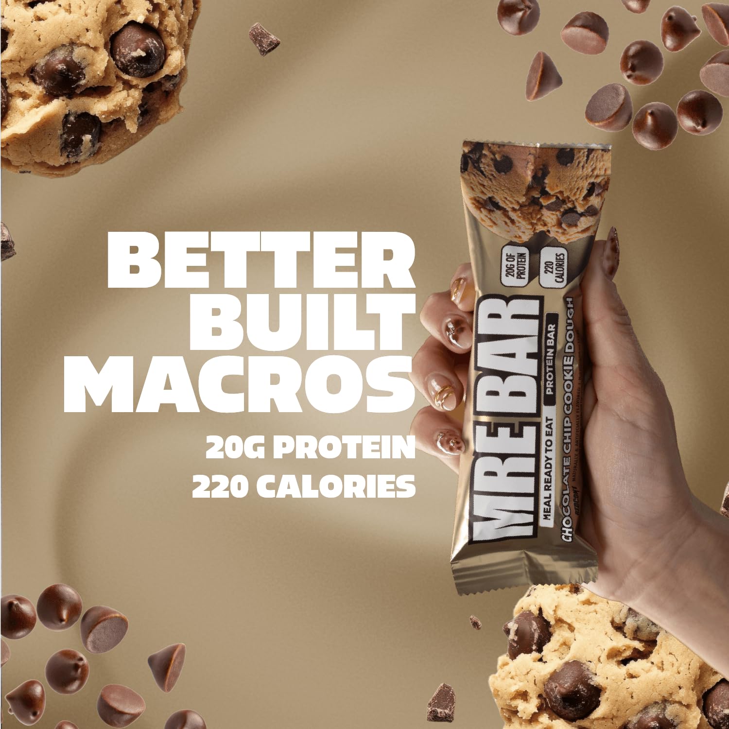 Close-up of chocolate chip cookie dough bits in the bar texture
