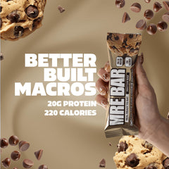 Close-up of chocolate chip cookie dough bits in the bar texture