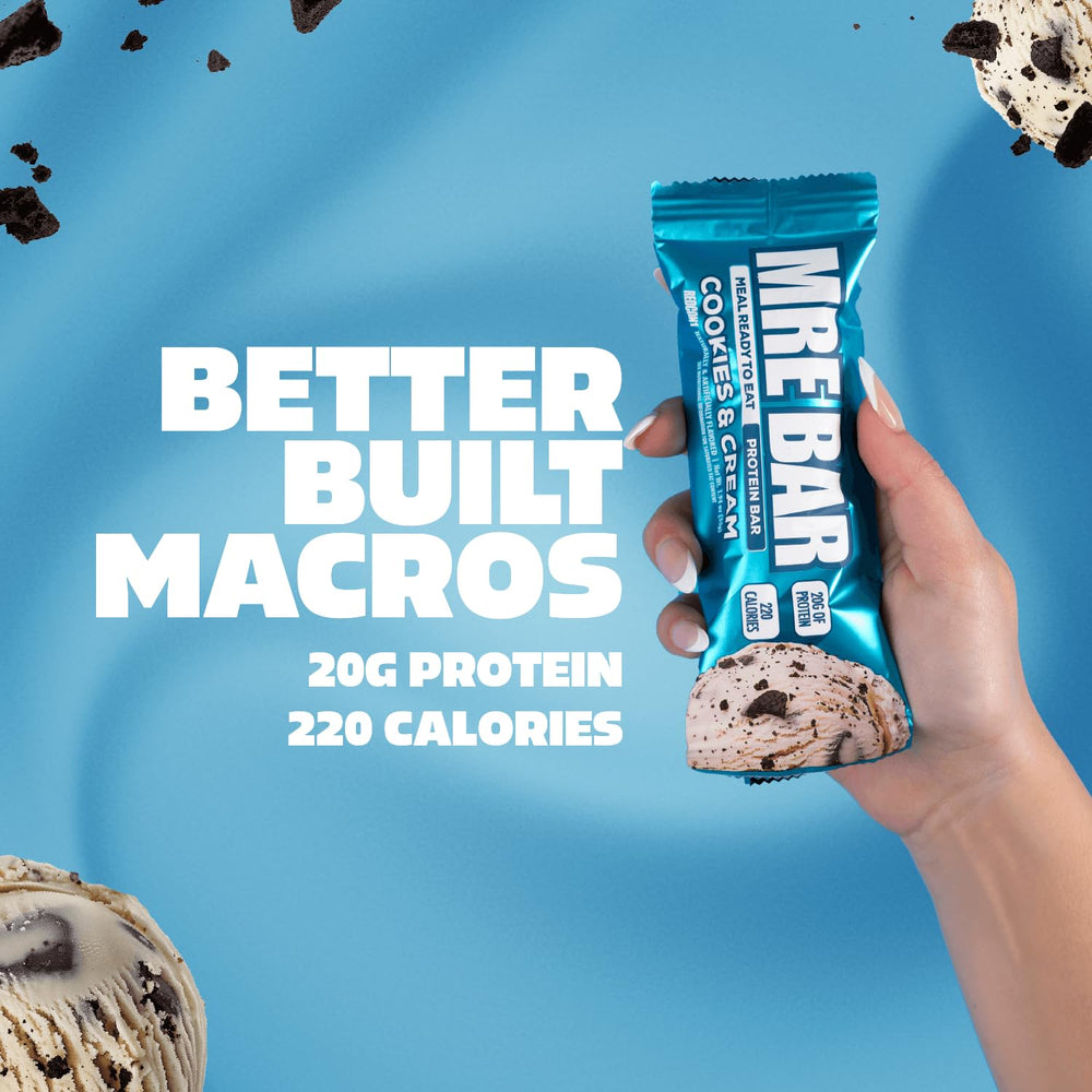 REDCON1 MRE Bar Cookies & Cream nutrition label emphasizes high protein content.