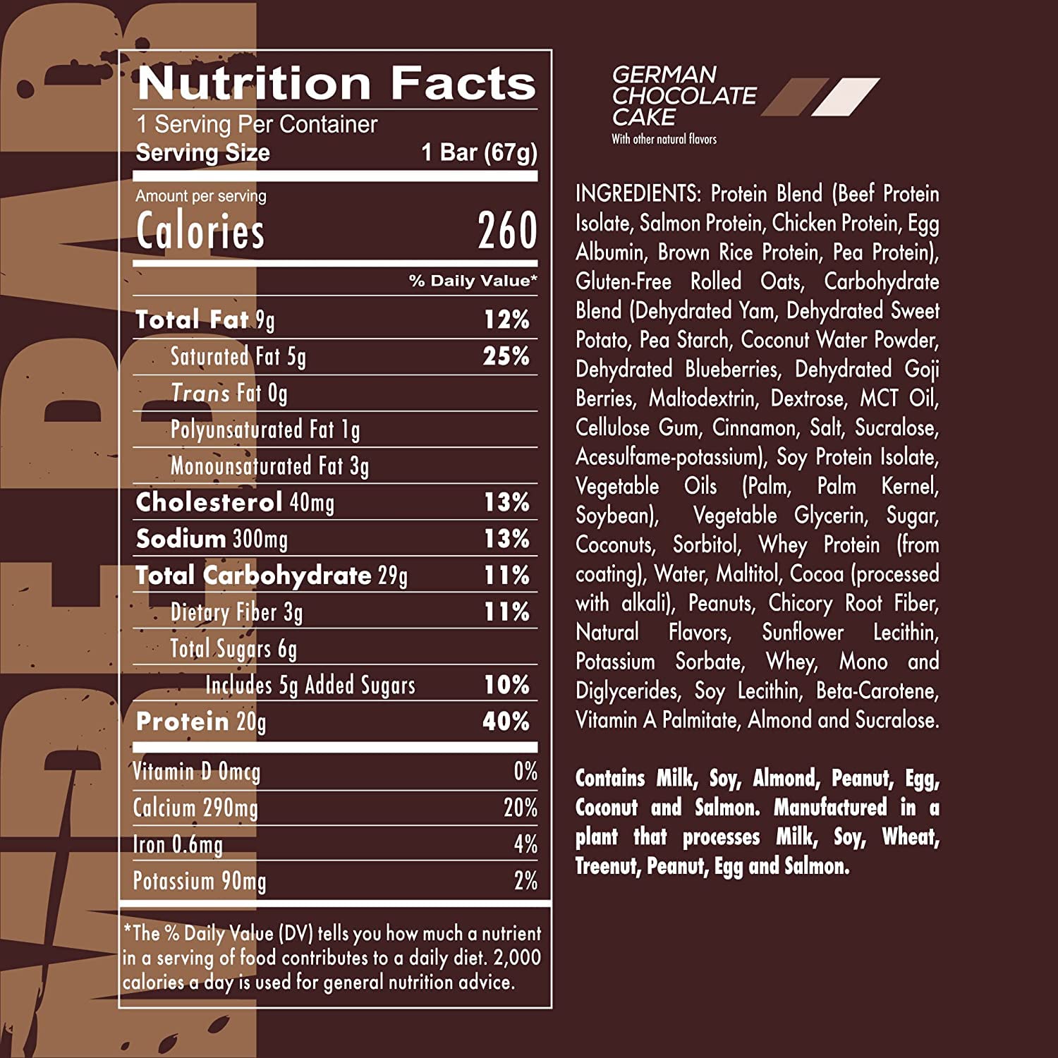 Redcon1 MRE Bar German Chocolate Cake close-up, highlights 20g protein per bar.