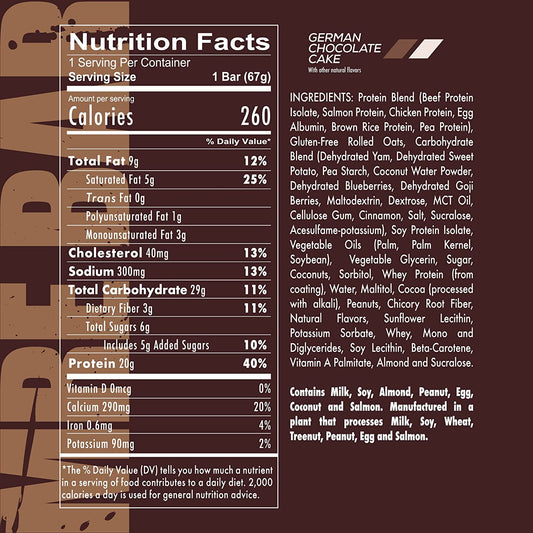 Redcon1 MRE Bar German Chocolate Cake close-up, highlights 20g protein per bar.