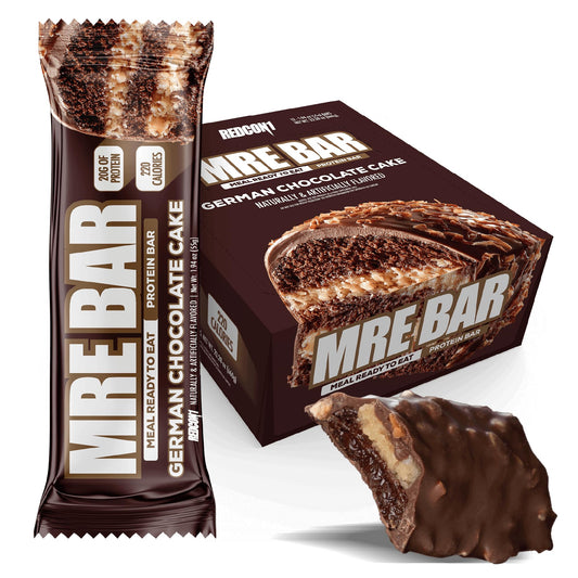 REDCON1 MRE Bar German Chocolate Cake packaging highlights grab-and-go nutrition for busy days.