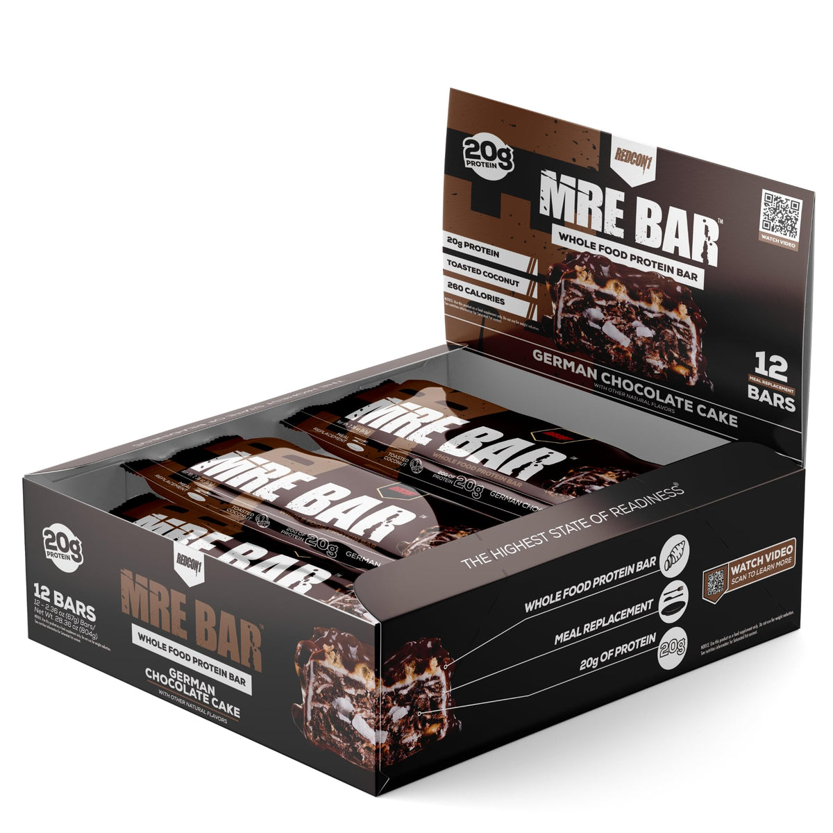 Redcon1 MRE Bar German Chocolate Cake wrapped, convenient on-the-go meal replacement.