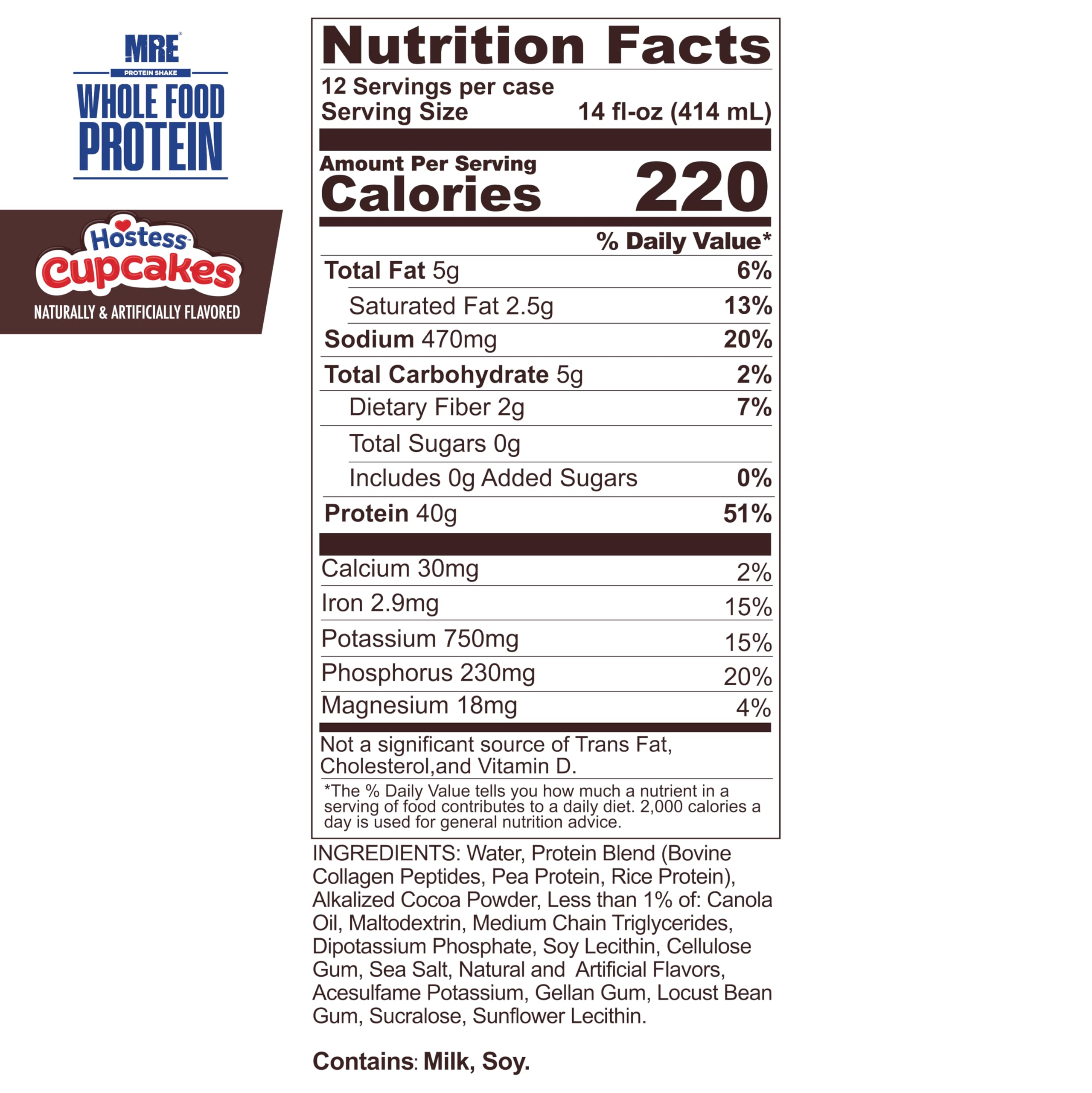 REDCON1 MRE Hostess Cupcakes bottle back displays key nutrition highlights.
