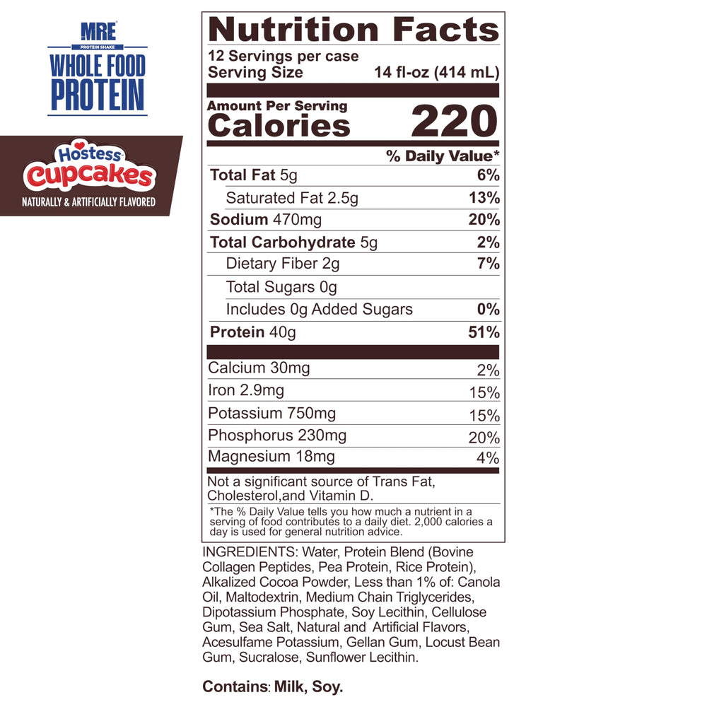 REDCON1 MRE Hostess Cupcakes bottle back displays key nutrition highlights.