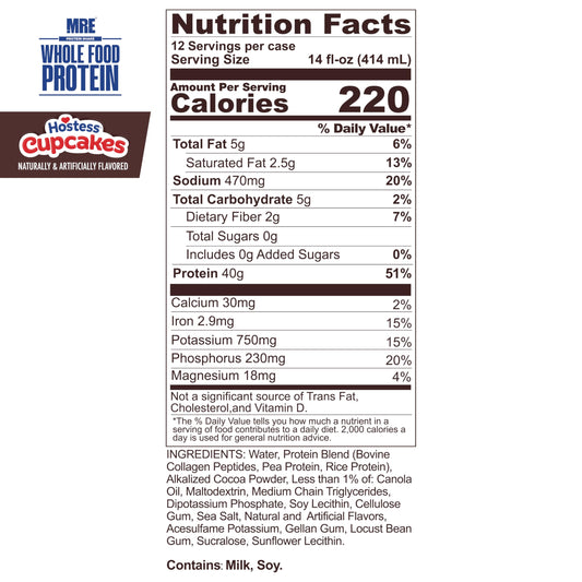 REDCON1 MRE Hostess Cupcakes bottle back displays key nutrition highlights.