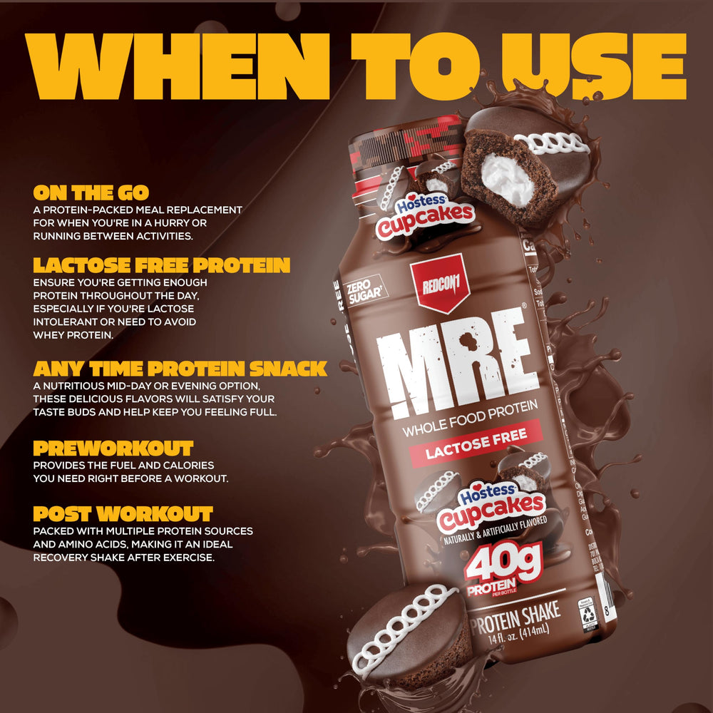 REDCON1 MRE Hostess Cupcakes pour action showing ready-to-drink nutrition.