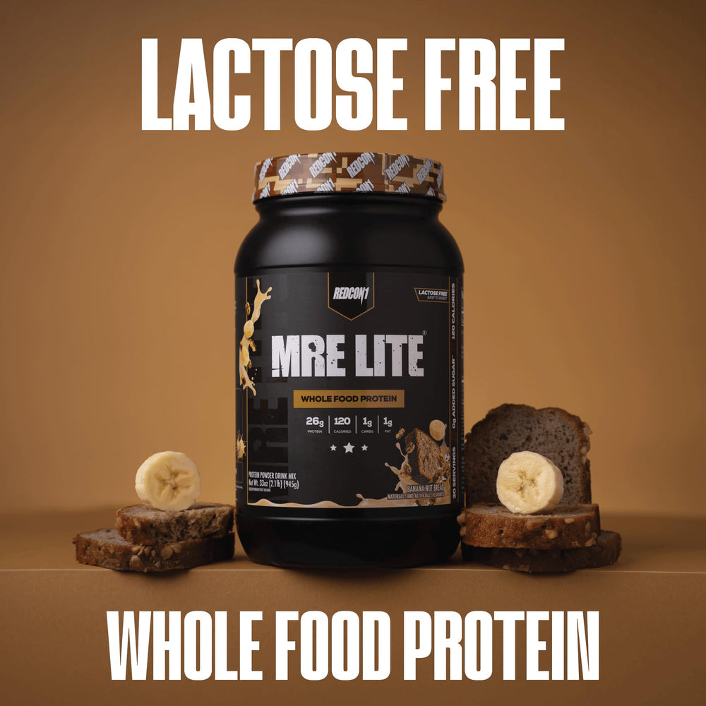 REDCON1 MRE LITE banana nut bread shake glass demonstrates convenient lactose-free nutrition on busy days.