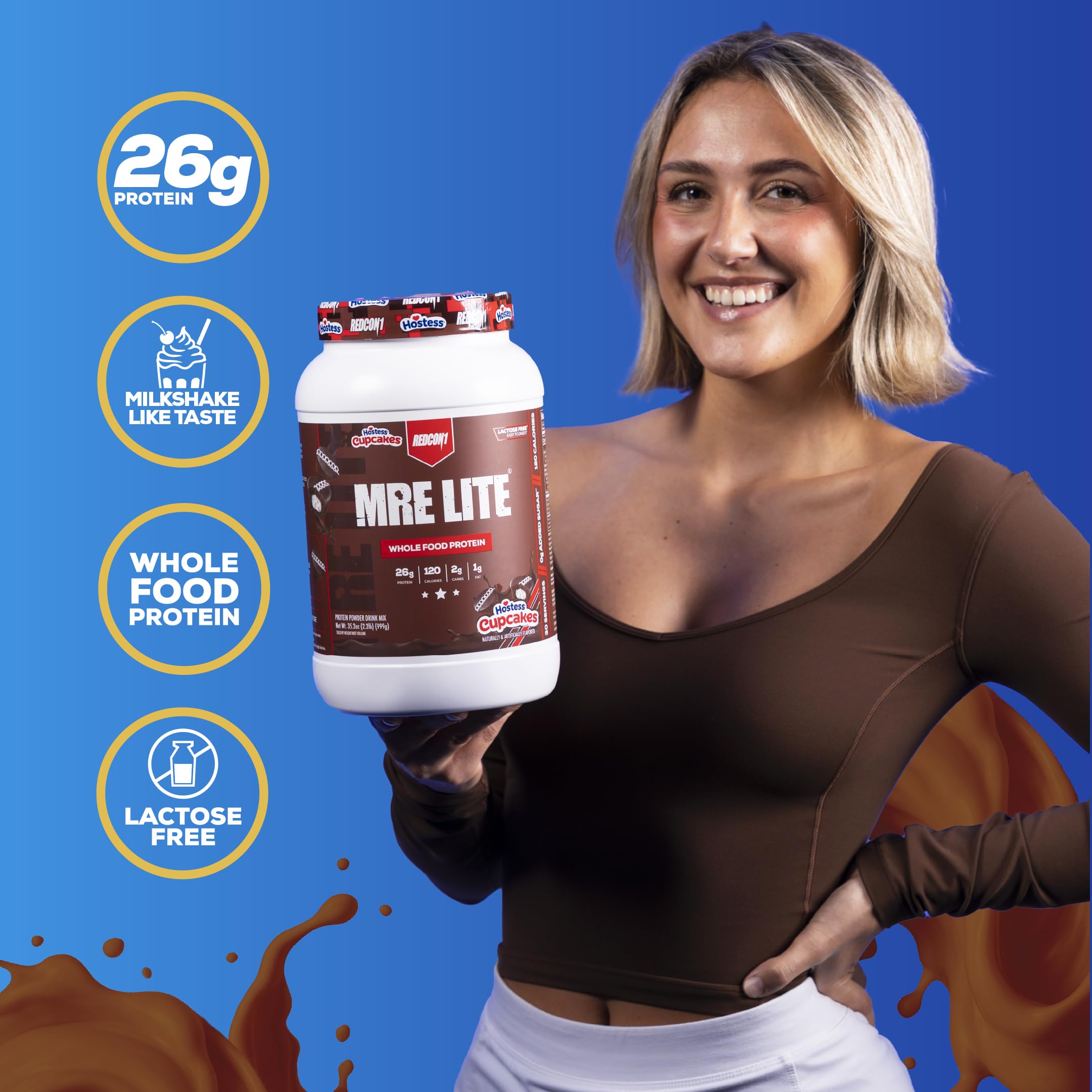 REDCON1 MRE Lite Hostess Cupcakes shake being poured—easy to mix for on-the-go workouts.
