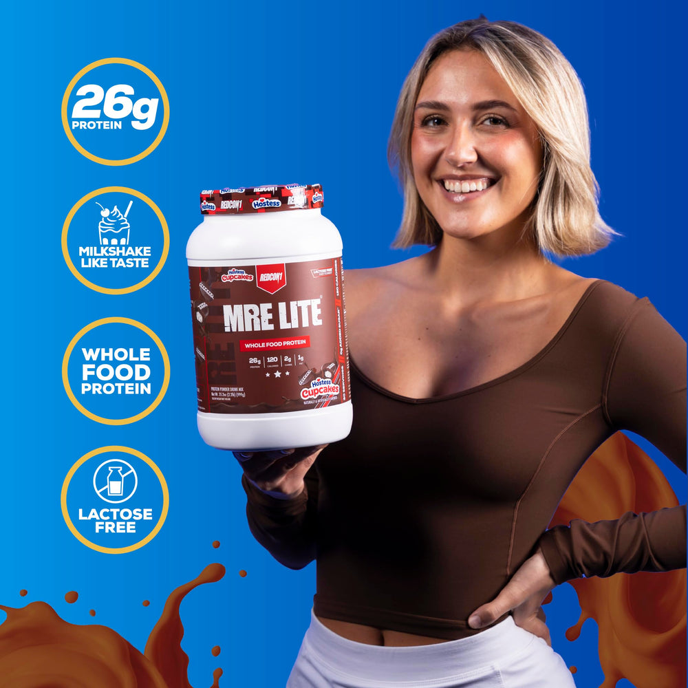 REDCON1 MRE Lite Hostess Cupcakes shake being poured—easy to mix for on-the-go workouts.