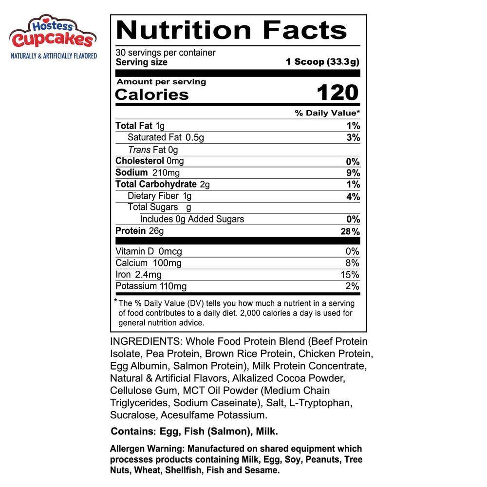 REDCON1 MRE Lite Hostess Cupcakes label—24g protein per serving with low sugar.