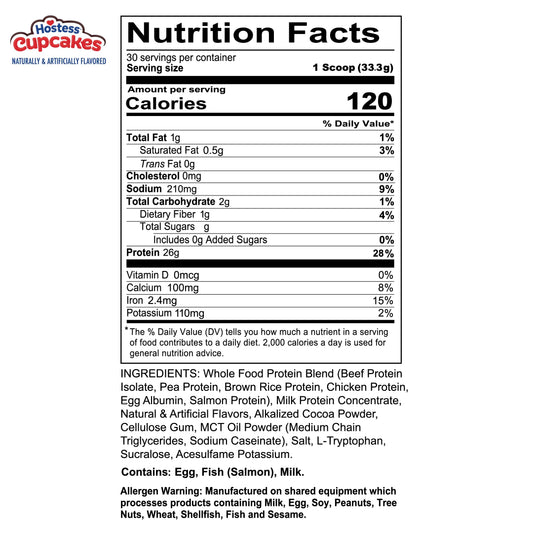 REDCON1 MRE Lite Hostess Cupcakes label—24g protein per serving with low sugar.