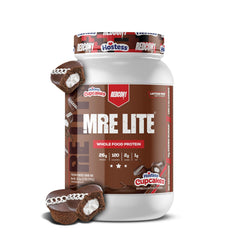 REDCON1 MRE Lite Hostess Cupcakes tub front—protein-packed meal replacement for busy days.