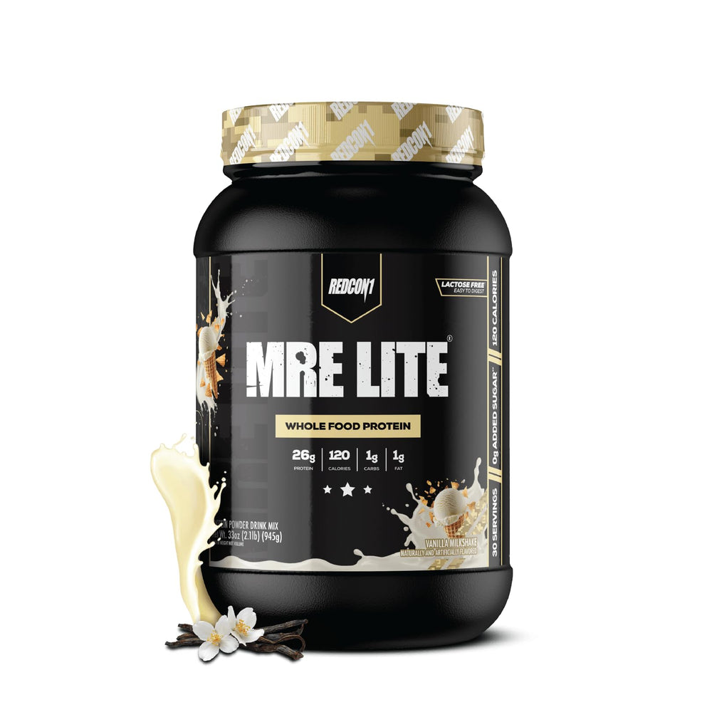 REDCON1 MRE LITE vanilla milkshake bottle supports convenient daily protein.