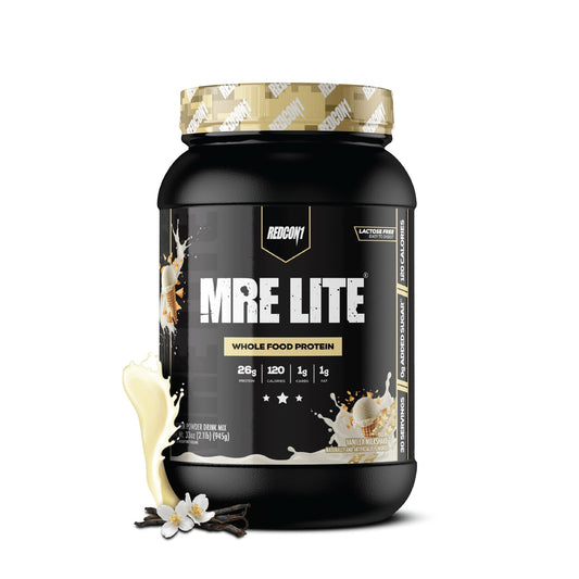 REDCON1 MRE LITE vanilla milkshake bottle supports convenient daily protein.