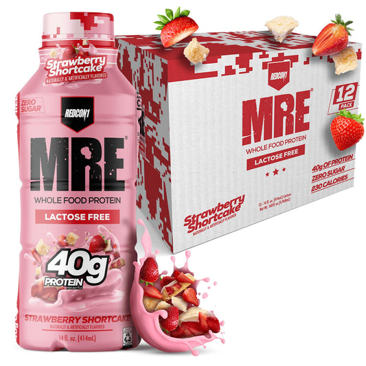 Redcon1 MRE RTD strawberry shortcake bottle, lactose-free protein you can enjoy on busy days.