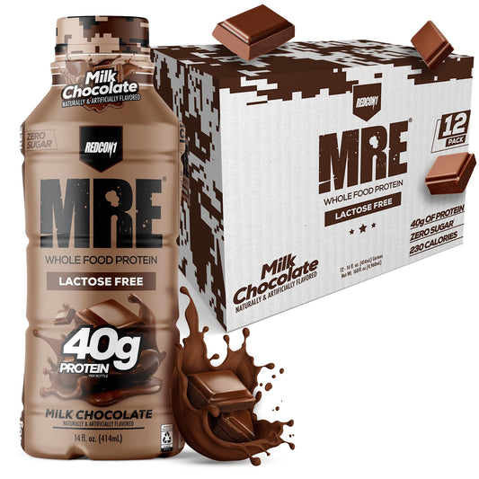 REDCON1 MRE RTD Milk Chocolate bottle pour highlights lactose-free on-the-go protein