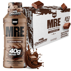 REDCON1 MRE RTD Milk Chocolate bottle pour highlights lactose-free on-the-go protein
