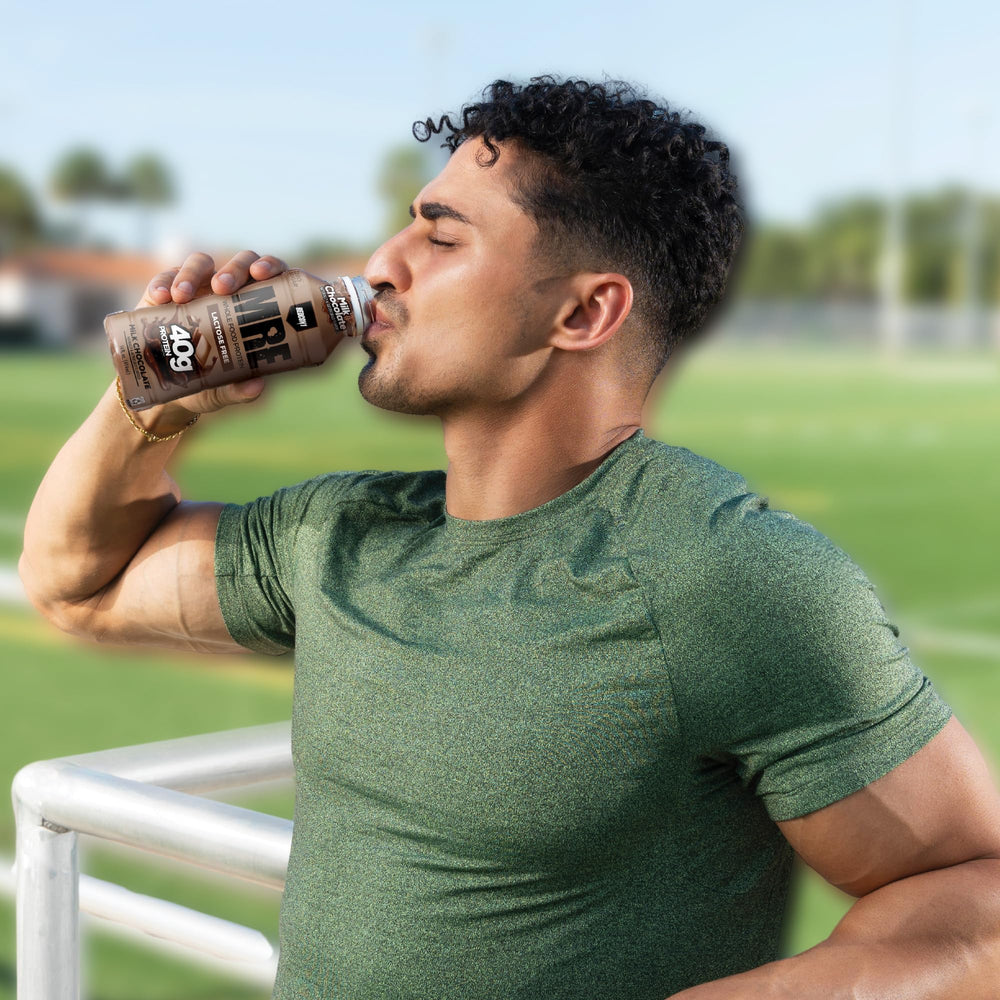 REDCON1 MRE RTD Milk Chocolate on-the-go bottle suggests travel-friendly protein boost