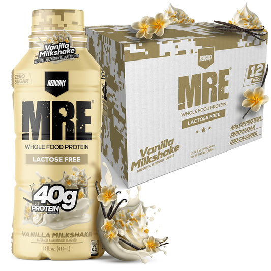 REDCON1 MRE vanilla milkshake bottle, lactose-free protein for convenient on-the-go nutrition.