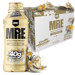 REDCON1 MRE vanilla milkshake bottle, lactose-free protein for convenient on-the-go nutrition.