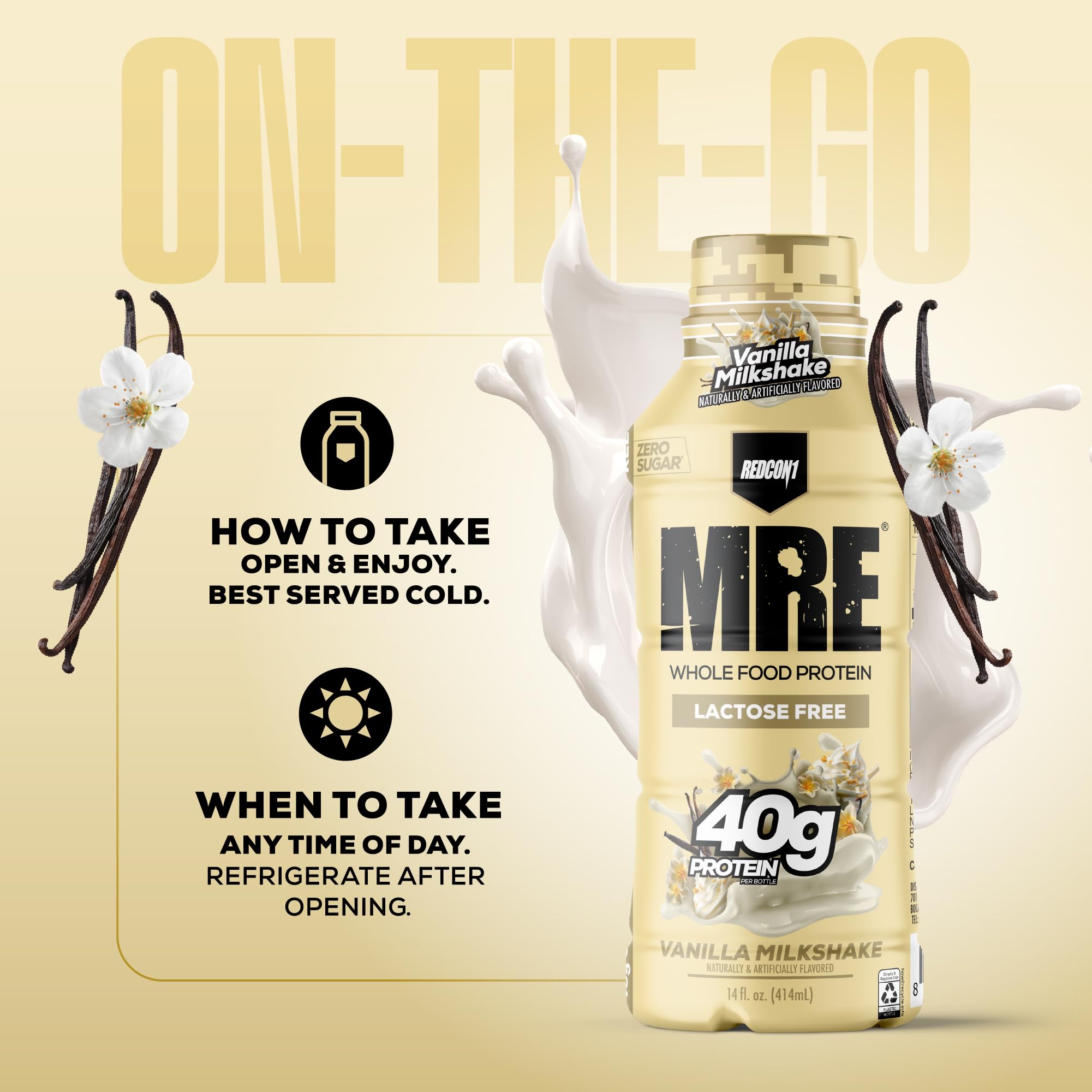 REDCON1 MRE vanilla milkshake packaging shows ready-to-drink protein for busy days.