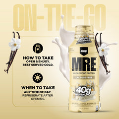 REDCON1 MRE vanilla milkshake packaging shows ready-to-drink protein for busy days.