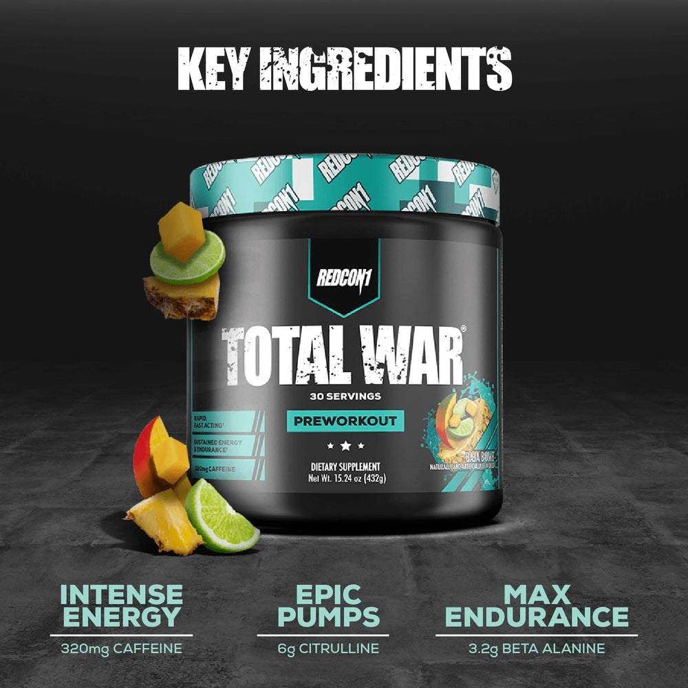 REDCON1 Total War Baja Bomb mixer glass ready for a pre-workout energy boost.
