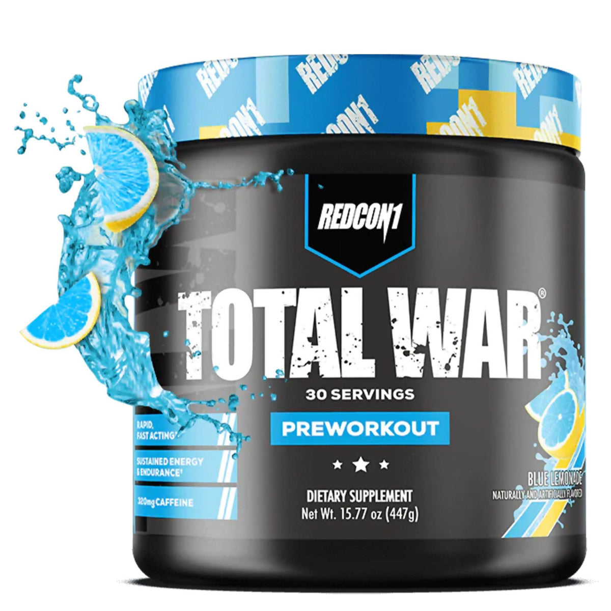 REDCON1 Total War blue lemonade bottle for fast-acting energy and focus.