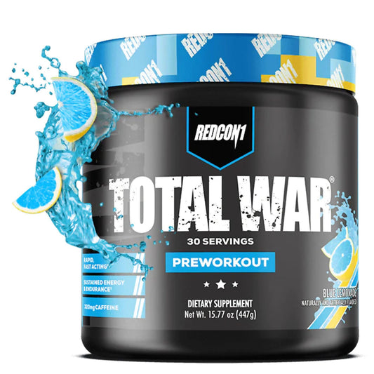 REDCON1 Total War blue lemonade bottle for fast-acting energy and focus.