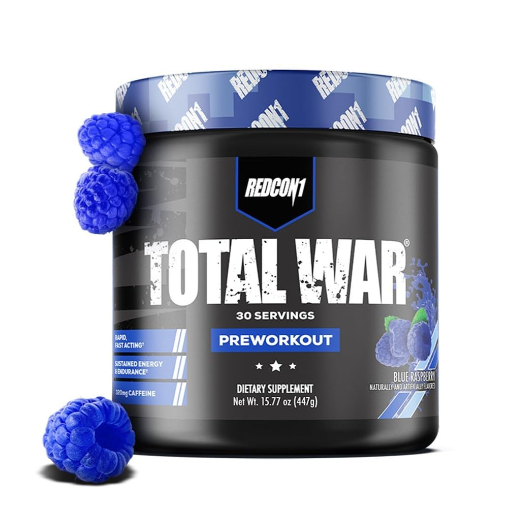 RedCon1 Total War Blue Raspberry powder scoop showing quick energy for training