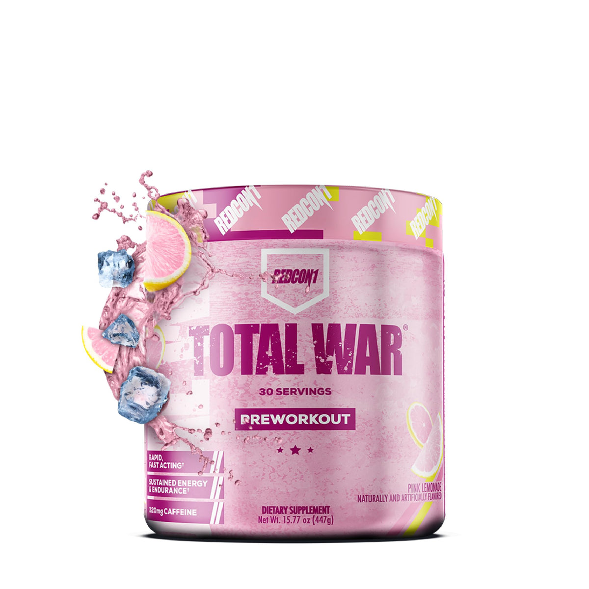 REDCON1 Total War Pink Lemonade bottle boosts energy for workouts.