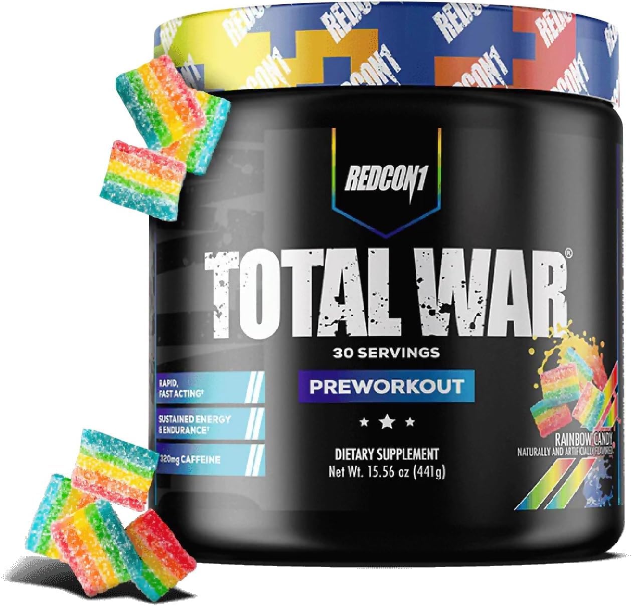 Redcon1 Total War Rainbow Candy tub front ready to mix for energized workouts
