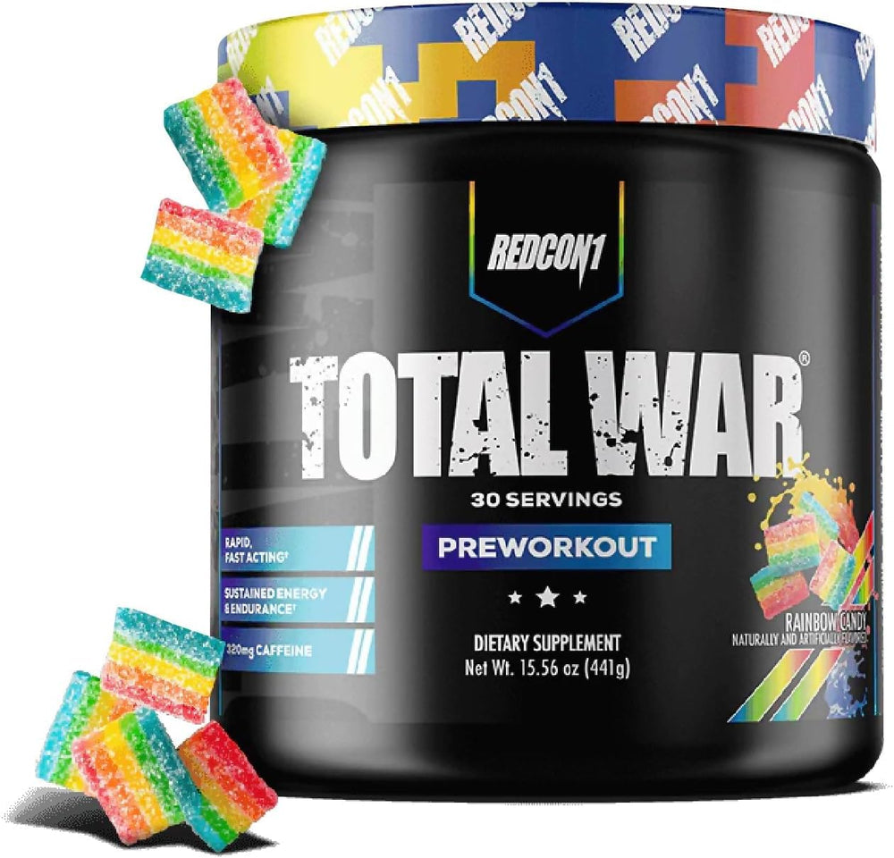 Redcon1 Total War Rainbow Candy tub front ready to mix for energized workouts