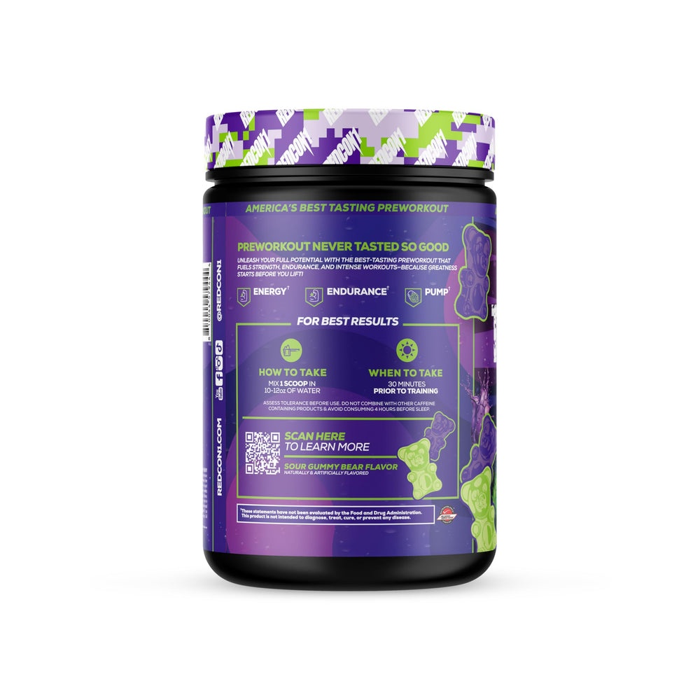 REDCON1 Total War Reloaded caffeine graph emphasizes sustained energy release for workouts.