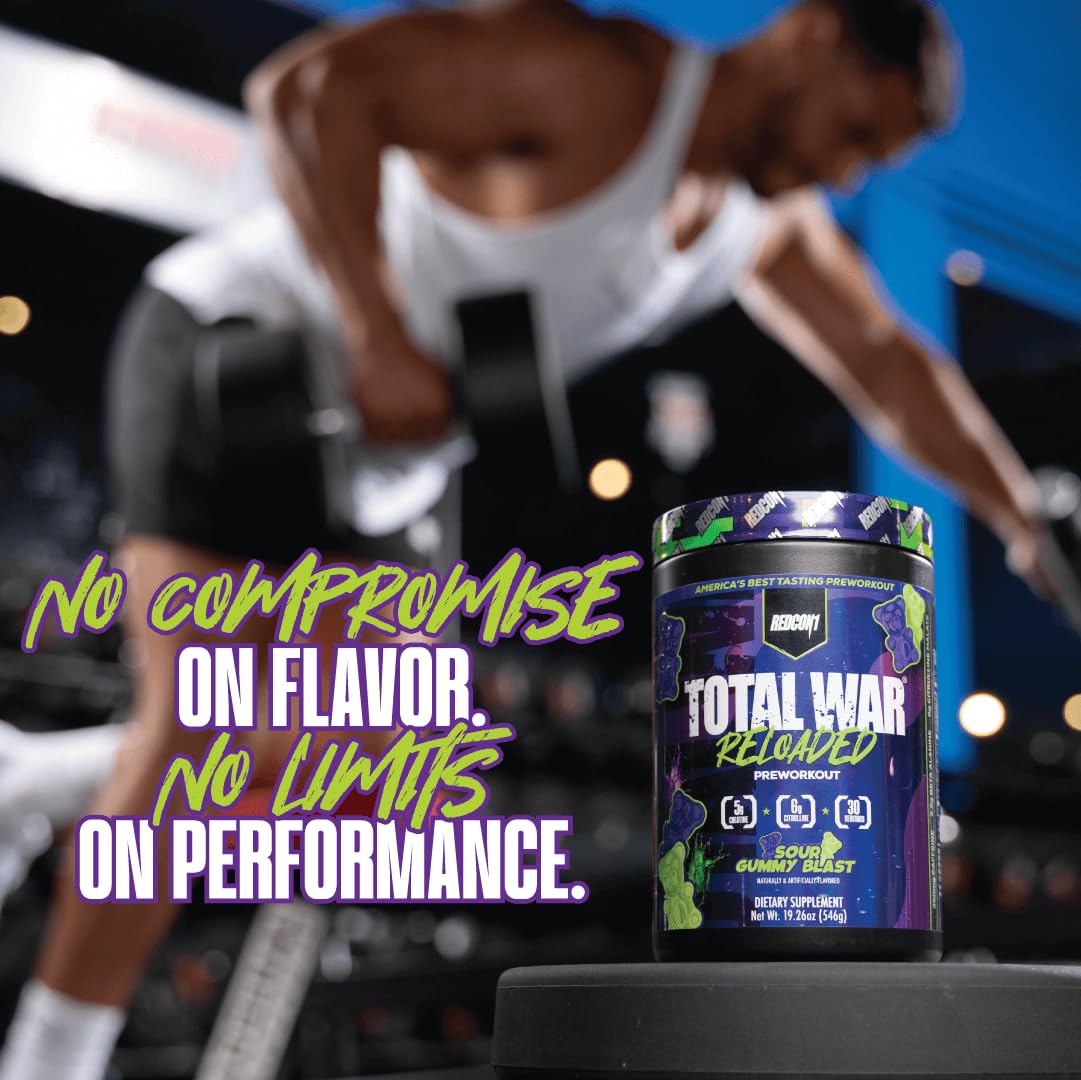 REDCON1 Total War Reloaded nitric oxide pump graphic suggests enhanced blood flow during training.