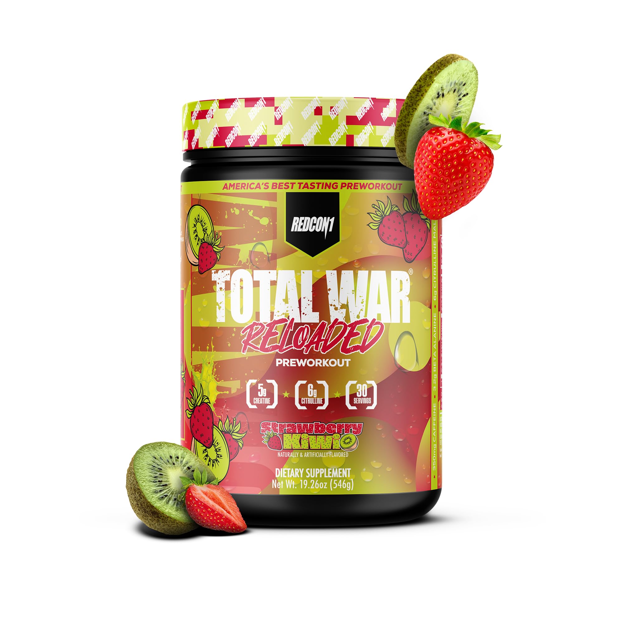 REDCON1 Total War Reloaded Strawberry Kiwi powder in tub for fast workout energy.