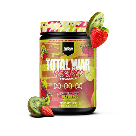 REDCON1 Total War Reloaded Strawberry Kiwi powder in tub for fast workout energy.