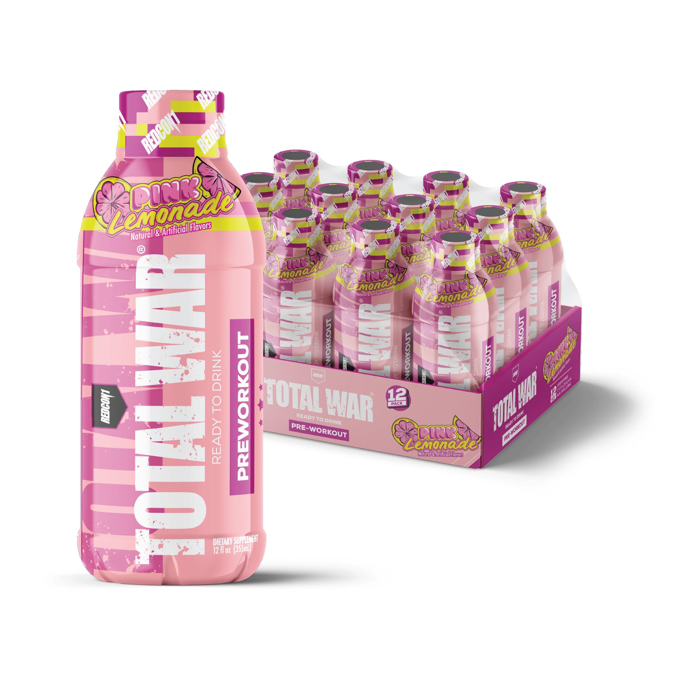Redcon1 Total War RTD Pink Lemonade bottle for on-the-go energy.