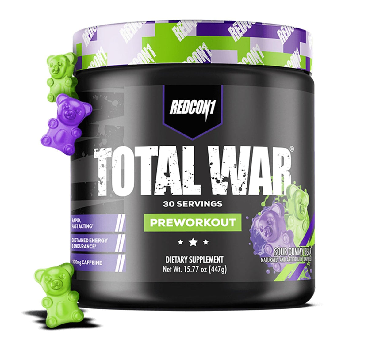 RedCon1 Total War tub front showing energy-boosting pre-workout formula