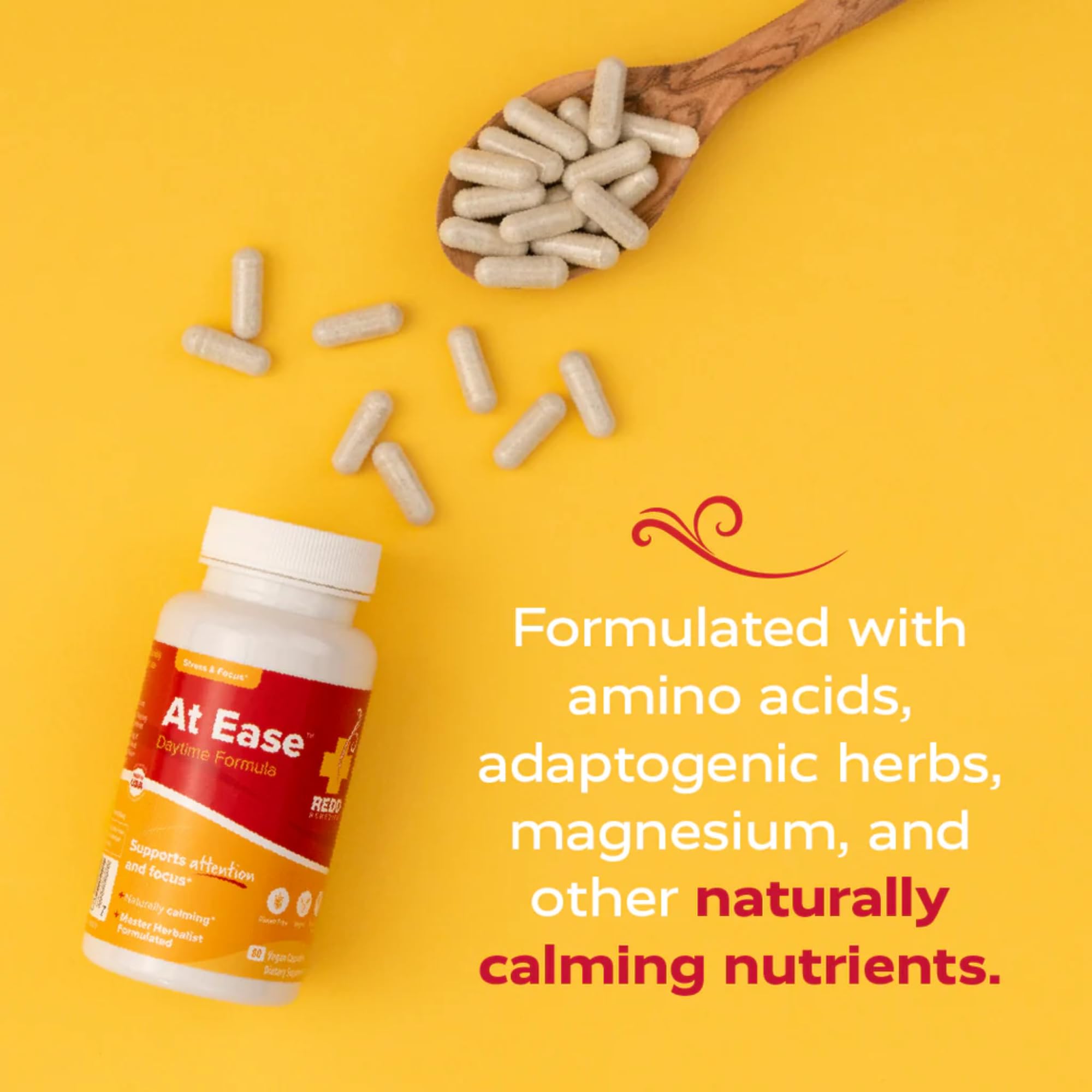 Redd Remedies at Ease packaging showcases vegan capsule formula