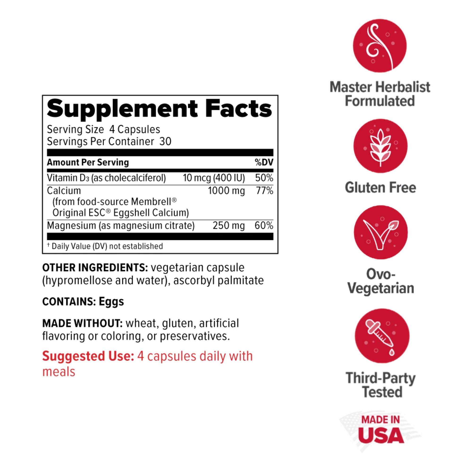 Redd Remedies Calcium Mag D bottle label highlights egg-shell calcium and D3.
