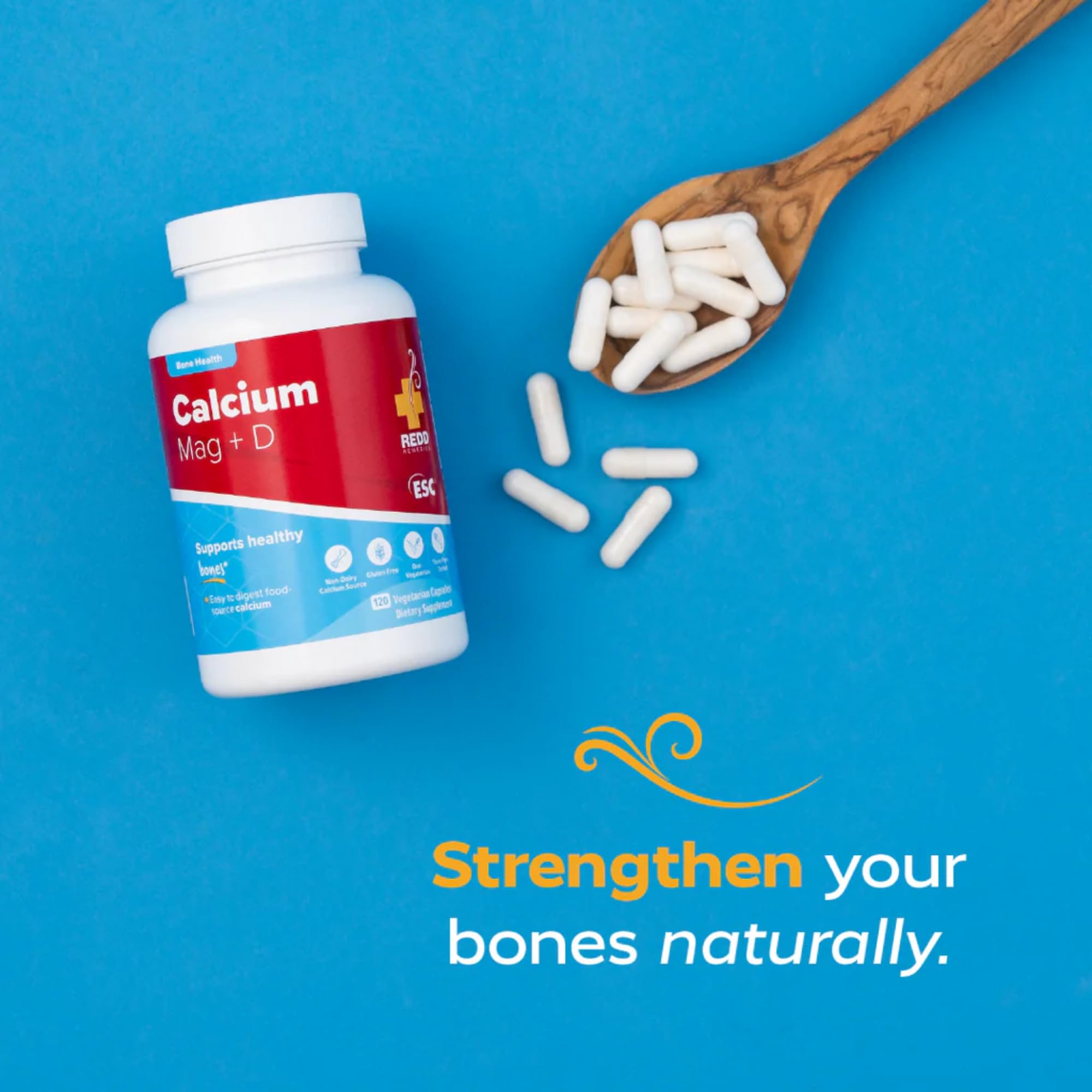 Redd Remedies Calcium Mag D gluten-free label emphasizes ovo-vegetarian purity.
