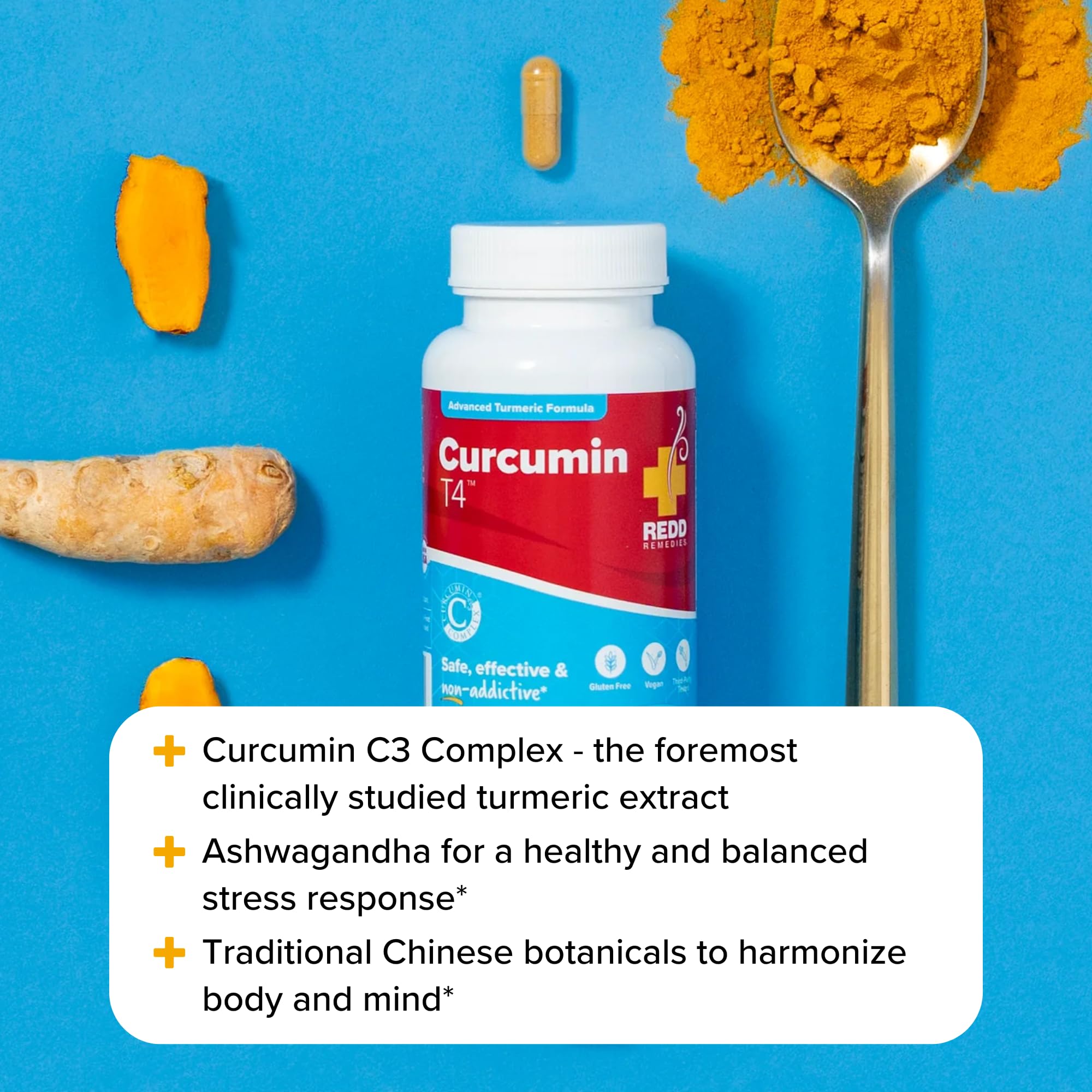 Redd Remedies Curcumin T4 bottle pour illustrating easy dosing.