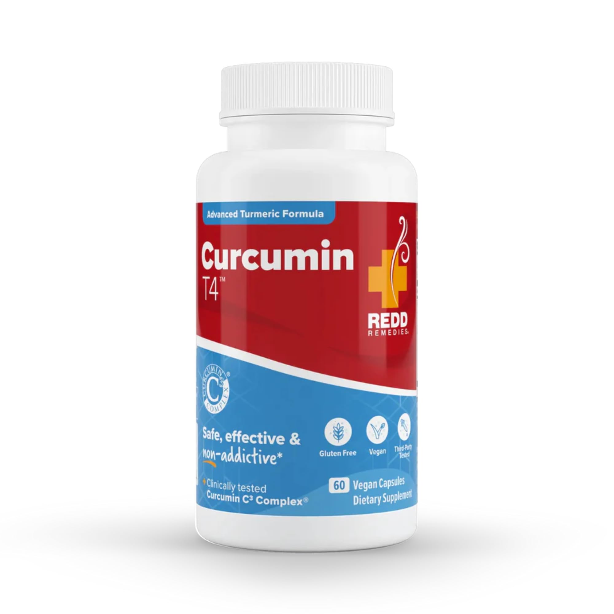 Redd Remedies Curcumin T4 bottle with gluten-free turmeric formulation.
