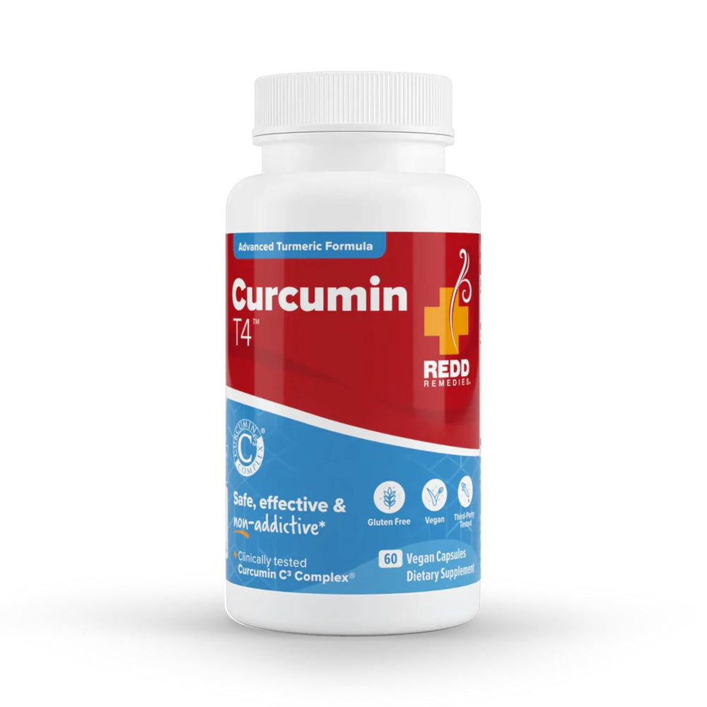 Redd Remedies Curcumin T4 bottle with gluten-free turmeric formulation.