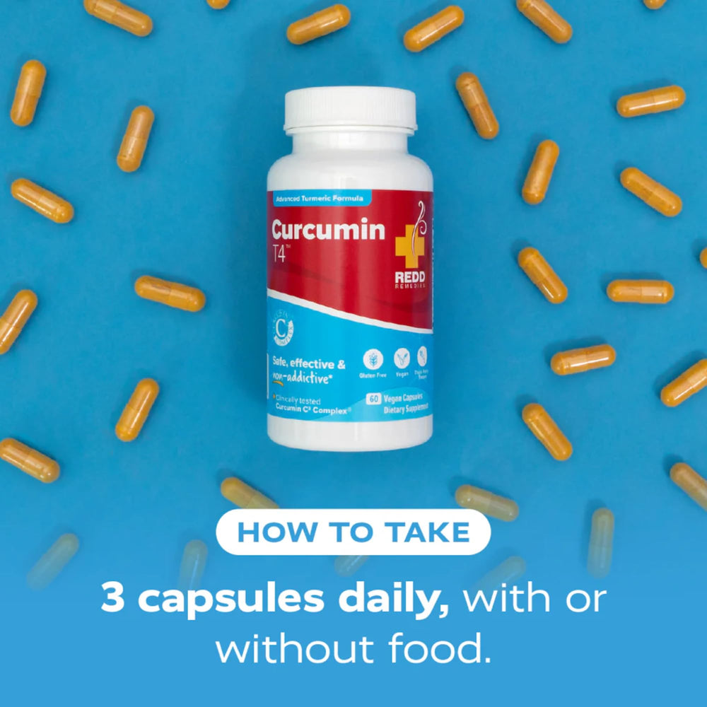 Redd Remedies Curcumin T4 capsules on table with lifestyle setup.
