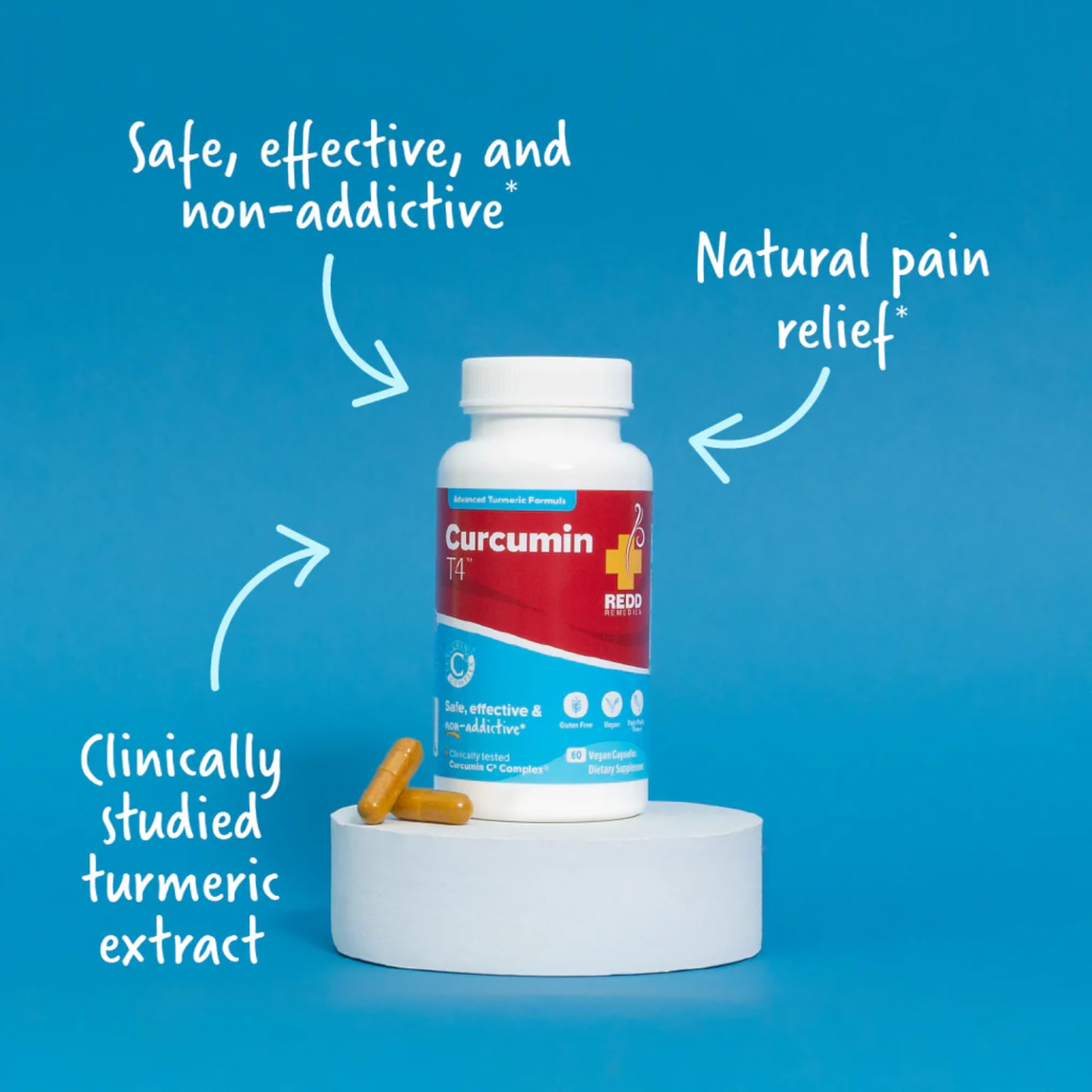 Redd Remedies Curcumin T4 label closeup highlights ingredients.