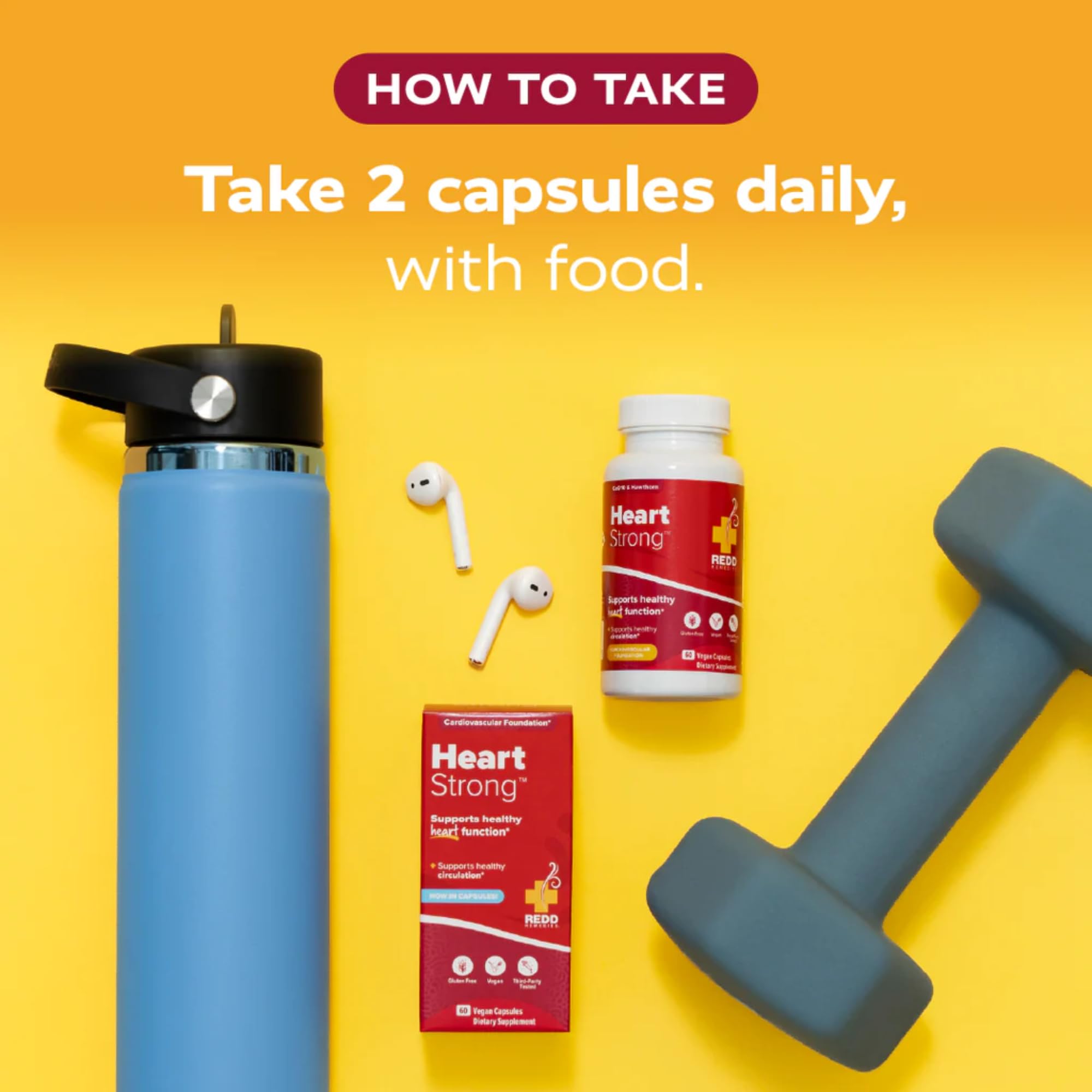 Redd Remedies Heart Strong adaptogenic blend shown as part of a daily wellness routine